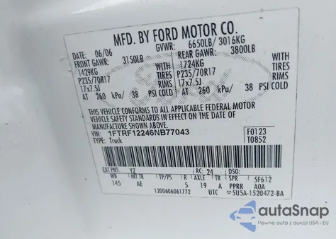 2006 Ford F-150 Stx/Xl/Xlt из США, поврежденный, VIN 1FTRF12246NB77043